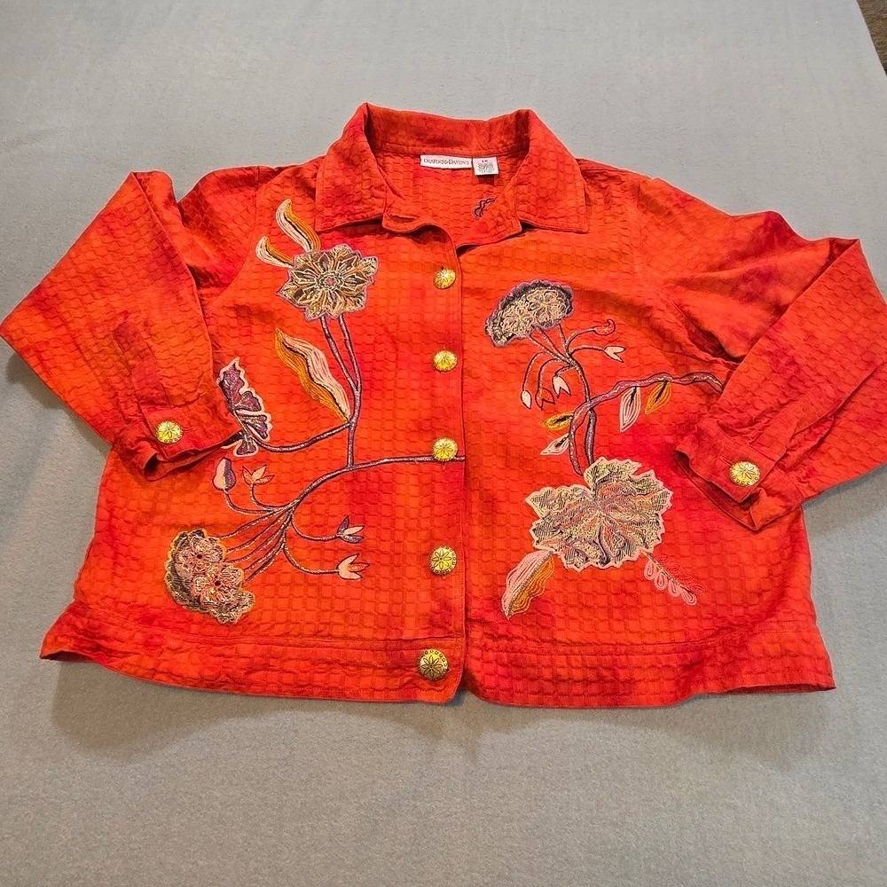 Draper's & Damon's Jacket Women 1X Orange Floral Embroidered Button Front Cotton